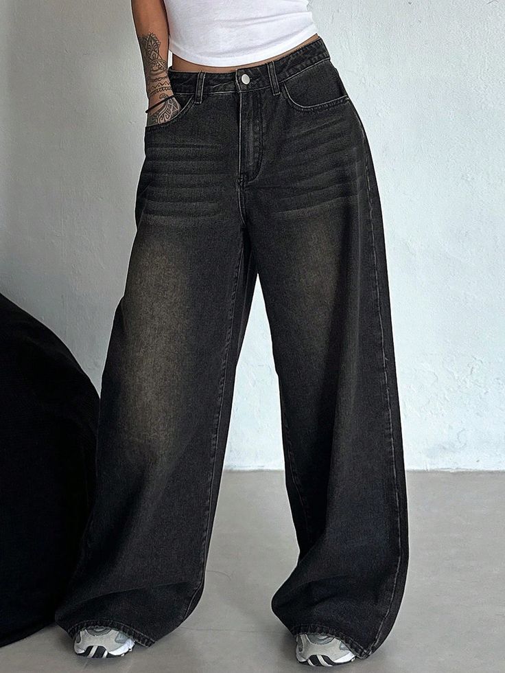 Autumn New Korean Fashion Washed Distressed Wide Leg Women Baggy Jeans Black Casual   Denim Plain Straight Leg Non-Stretch  Women Clothing, size features are:Bust: ,Length: ,Sleeve Length: Black Jeans Oversize, Korean Baggy Jeans, Dark Baggy Jeans, Black Oversized Jeans, Baggy High Waisted Jeans, Black Jeans Baggy, Baggy Black Pants, Baggy Jeans Black, Outfit Nero