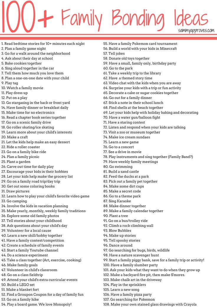 the 100 + family bonding ideas list is shown in red and white with black lettering