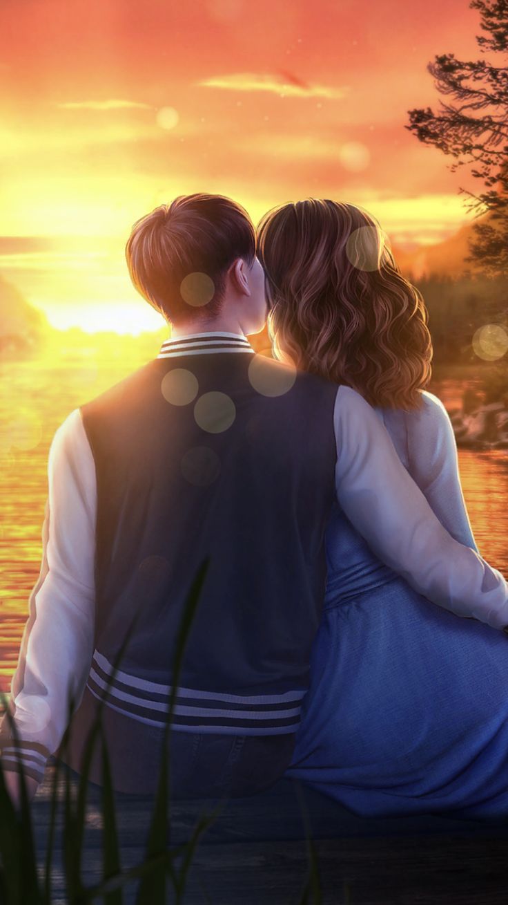 two people are sitting on a bench looking at the sunset over water, with an arrow pointing to each other