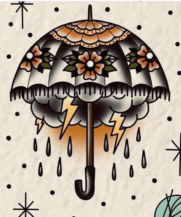 an umbrella with flowers on it and rain coming from the top is surrounded by stars