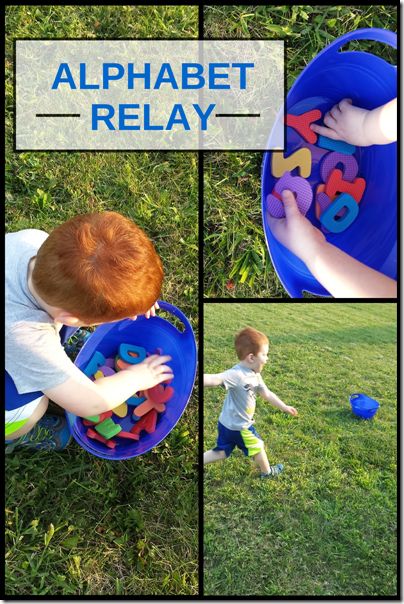 a collage of photos with the words alphabet relay and a child playing in a blue bucket