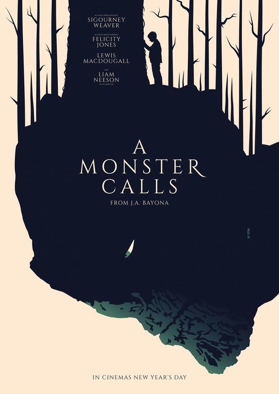 a monster calls movie poster with a man standing on top of a hill