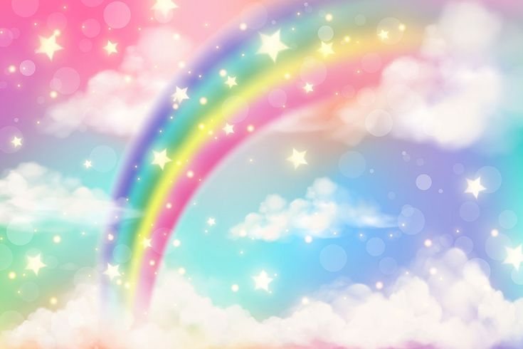 a rainbow in the sky with clouds and stars