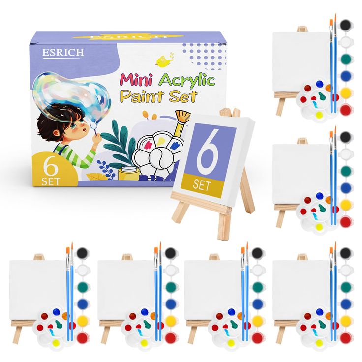 the mini acrylic paint set includes 6 eases and six markers