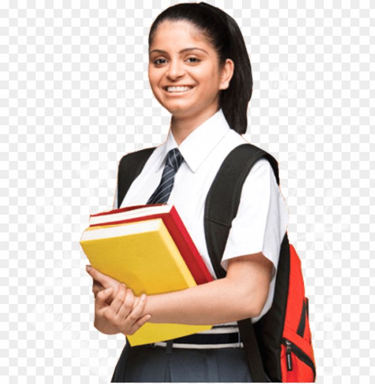 a woman in a school uniform holding a folder and smiling at the camera with her backpack on