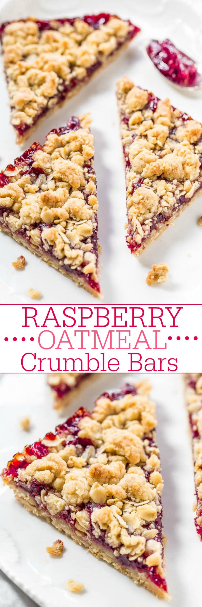 raspberry oatmeal crumble bars are arranged on a white plate