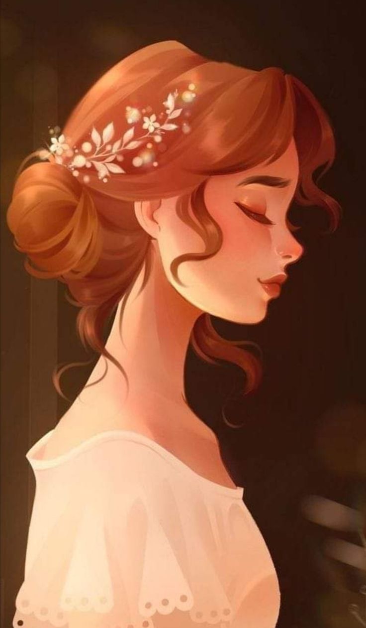 a painting of a woman with her eyes closed wearing a flower in her hair and looking down