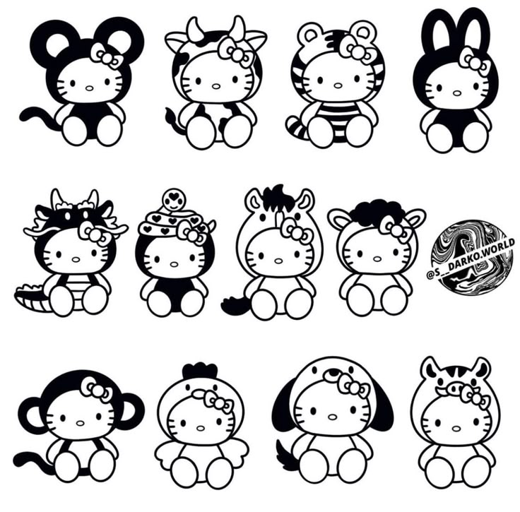 hello kitty and other cartoon characters are shown in black and white, as well as an image