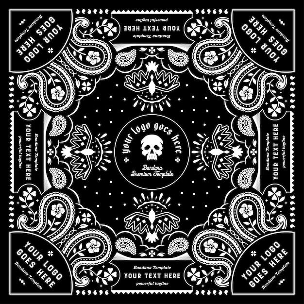 a black and white bandanna with skulls on it