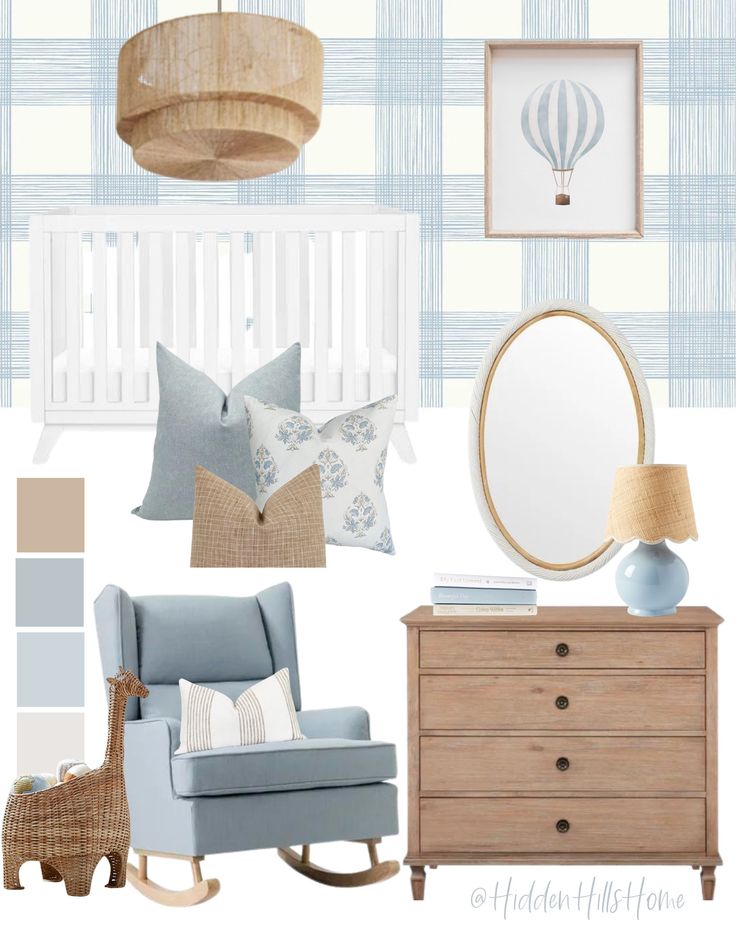 a baby's nursery room with blue and white decor, including a rocking chair