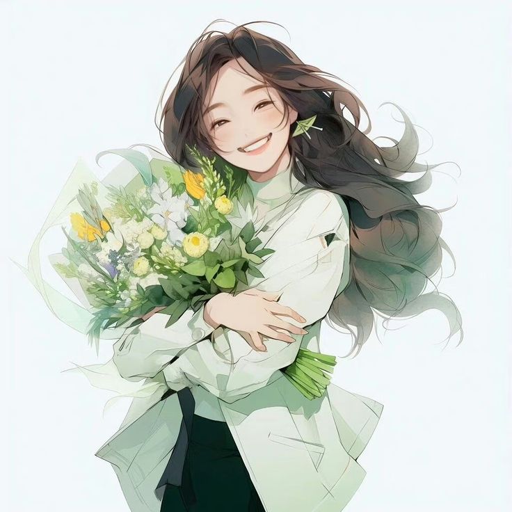 a woman with long hair holding a bouquet of flowers in her hands and smiling at the camera