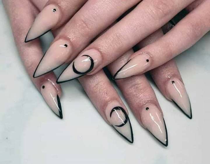 Goth Stilleto Nails Designs, Gothic French Nails, Nail Ideas Witchy, Nude Witchy Nails, French Top Nail Designs, All Black Nails With Design, Witchy Nails Acrylic, Gothic Nails Designs, Simple Goth Nails