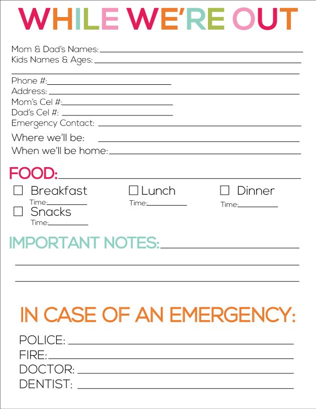 an emergency response form with the words, while we're out and in case of an