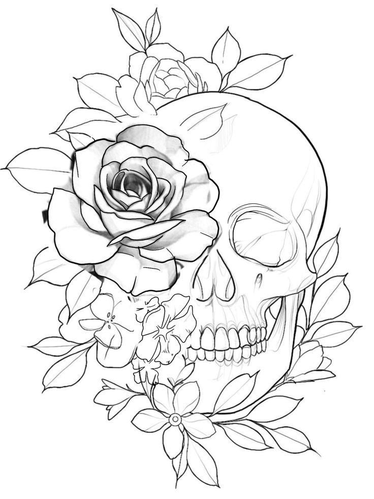 a skull with roses on it's head is shown in black and white ink