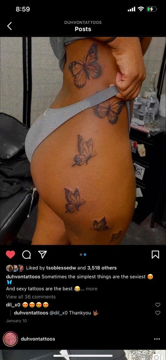 Tattoo Inspo For Mom, Trending Female Tattoos, Butterfly Body Tattoo, Side Hip Tattoos Black Women, Unique Side Thigh Tattoos, Cute Back Tattoos For Women Unique, Cool Hip Tattoos For Women, Baddie Neck Tattoos Butterfly, Butterflies Going Up Side Tattoo