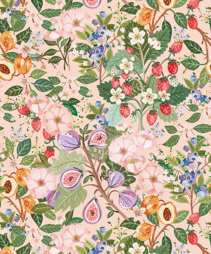 a floral wallpaper with lots of flowers and fruit on it's sides, all in pastel colors