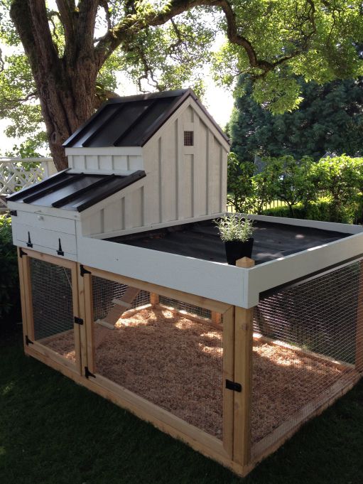 a chicken coop in the middle of some grass