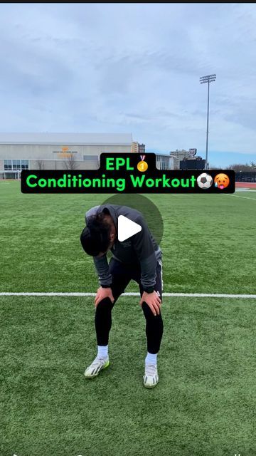 a man standing on top of a soccer field holding his head in his hands with the words epl conditioning workout