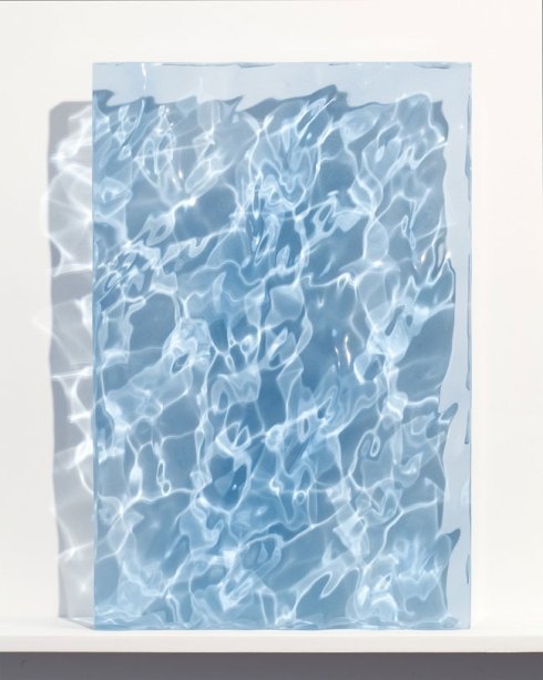 an abstract painting with blue water in the middle and light reflecting off it's surface