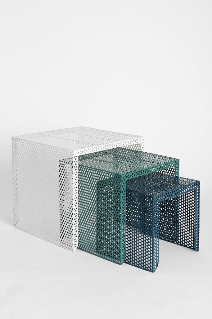 three tables made out of metal mesh with holes on the top and bottom, one is green