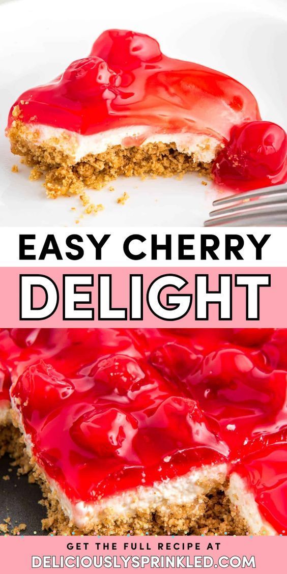 Serve up this Easy Cherry Delight! With a graham cracker crust, cheesecake layer, and cherry pie filling, this no-bake delight is a delicious Thanksgiving dessert idea. This sweet treat to make for Thanksgiving is also a perfect Christmas dessert recipe! Cherry Pie Filling Recipes Easy, Cherry Yum Yum Recipe, Key Lime Cookie Recipe, Cherry Delight Dessert, Graham Cracker Dessert, Cherry Pie Filling Recipes, Delicious Thanksgiving Desserts, Cracker Dessert, Cherry Cheesecake Recipe