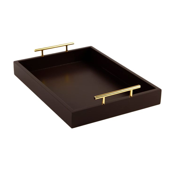 a black tray with gold handles on the bottom and two bars sticking out of it