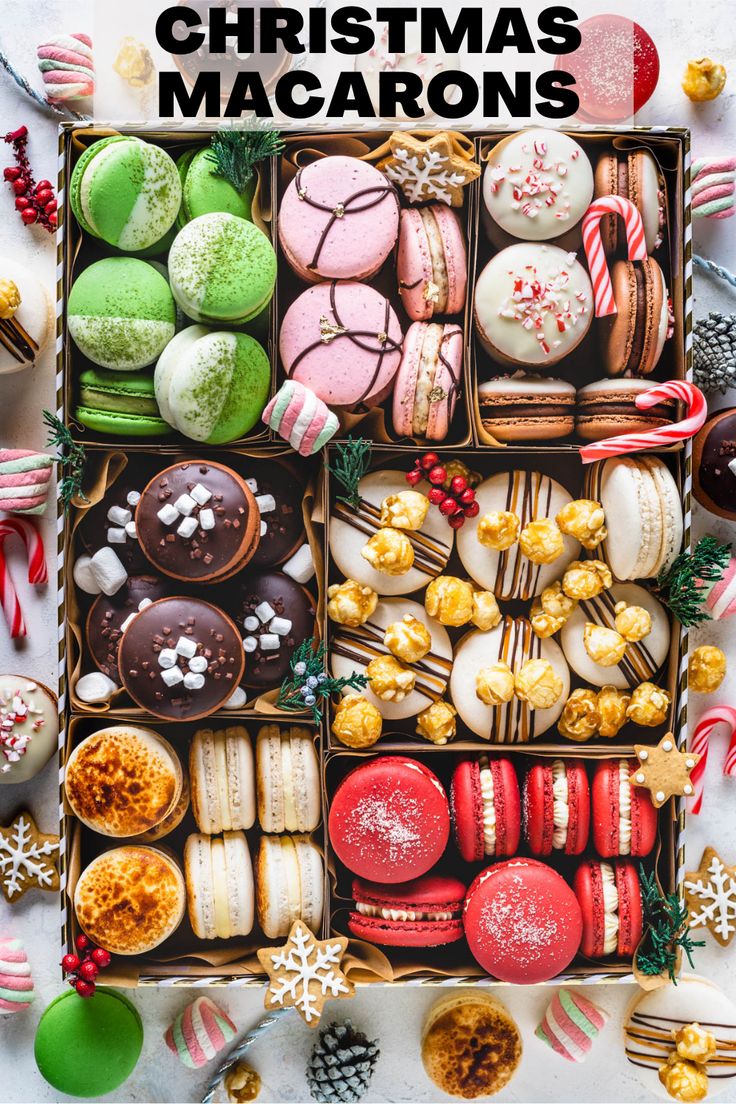 christmas macaroons in boxes surrounded by candy and candies