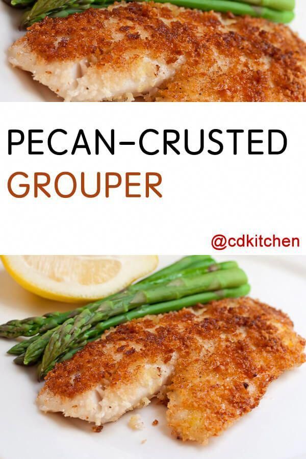 two pictures of fish and asparagus on a white plate with the words pecan - crusted grouper