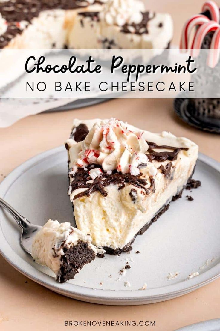 a slice of chocolate peppermint no bake cheesecake cake on a plate