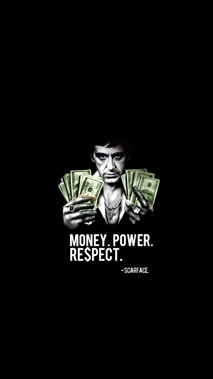 a man holding money in his hands with the words money power respect