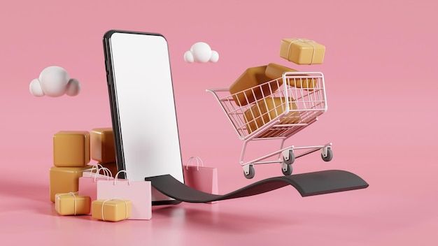 a shopping cart is in front of a mirror and some boxes are on the floor