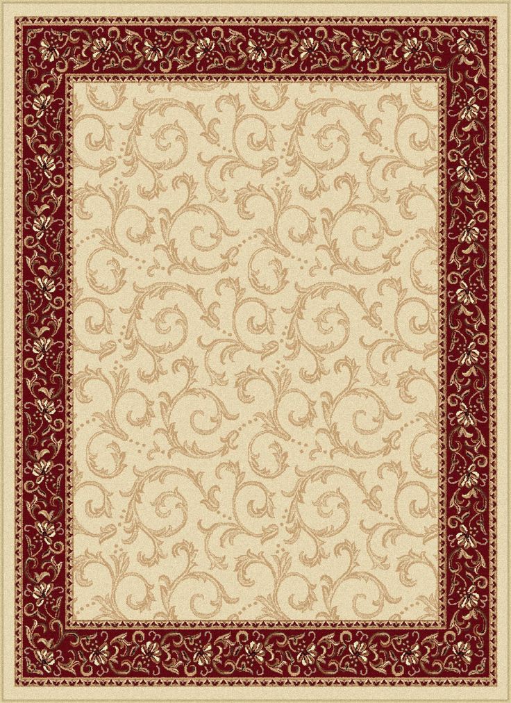 a red and beige rug with an ornate border