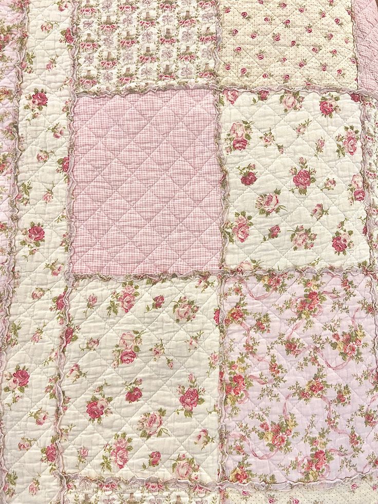 Coquette floral vintage quilt multiple patterns with small pink ruffles shabby chic decoration room inspo decor aesthetic wallpaper Coquette House, Quilt Wallpaper, Coquette Wallpaper, Coquette Floral, Blooming Bouquet, Pink Quilt, Wallpaper Homescreen, Bg Design, Mlp Characters