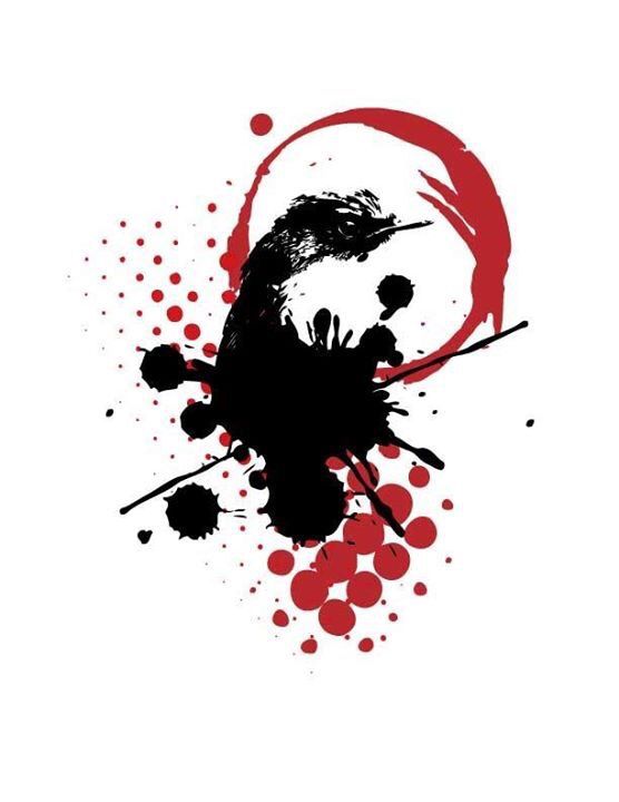 a black and red ink splattered bird on a white background with circles around it