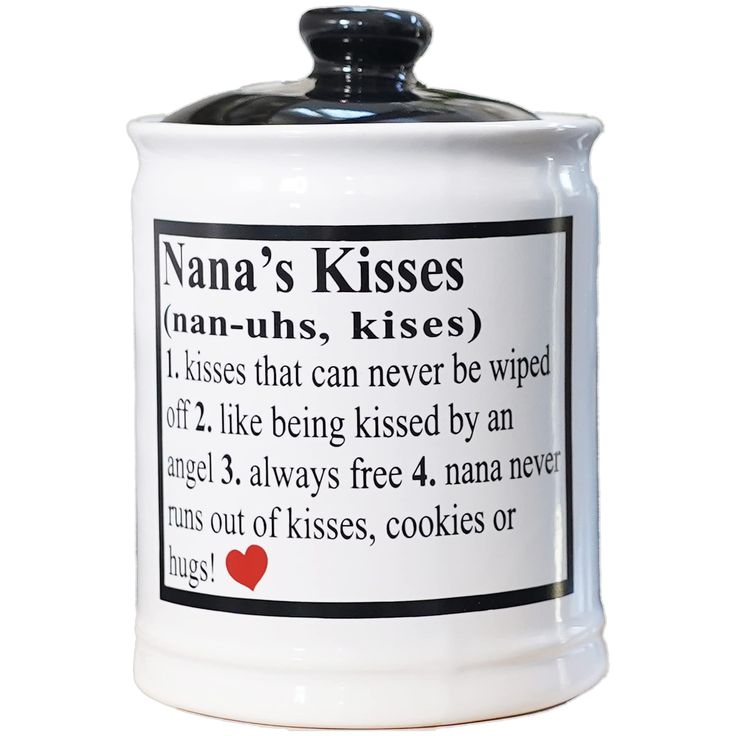 a white canister with black writing on the bottom and red heart at the top