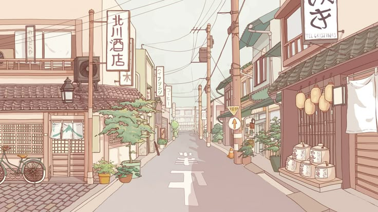 an illustration of a street with buildings and bicycles parked on the side walk in front of it