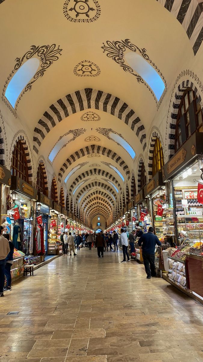 people are walking through an ornately decorated shopping mall with high ceilings and arched arches