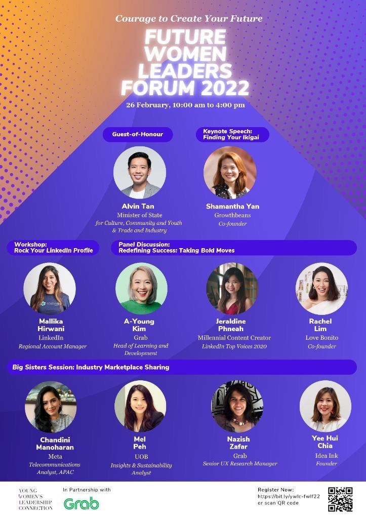 the future women leaders panel is shown in purple and orange colors, with an image of people