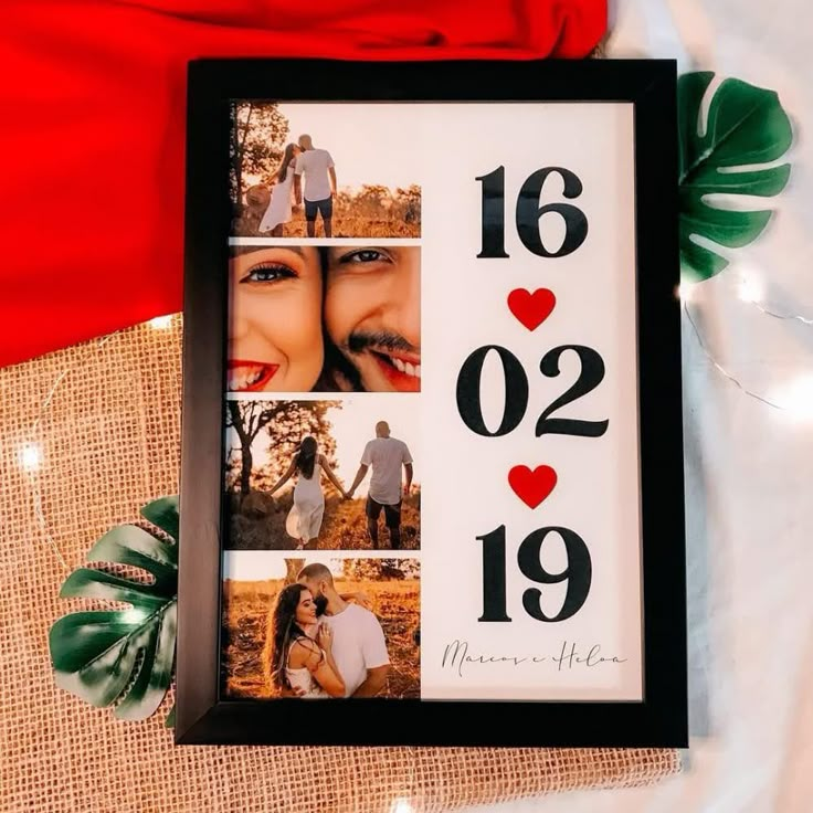 a couple's photo collage is displayed in a frame with the date and year