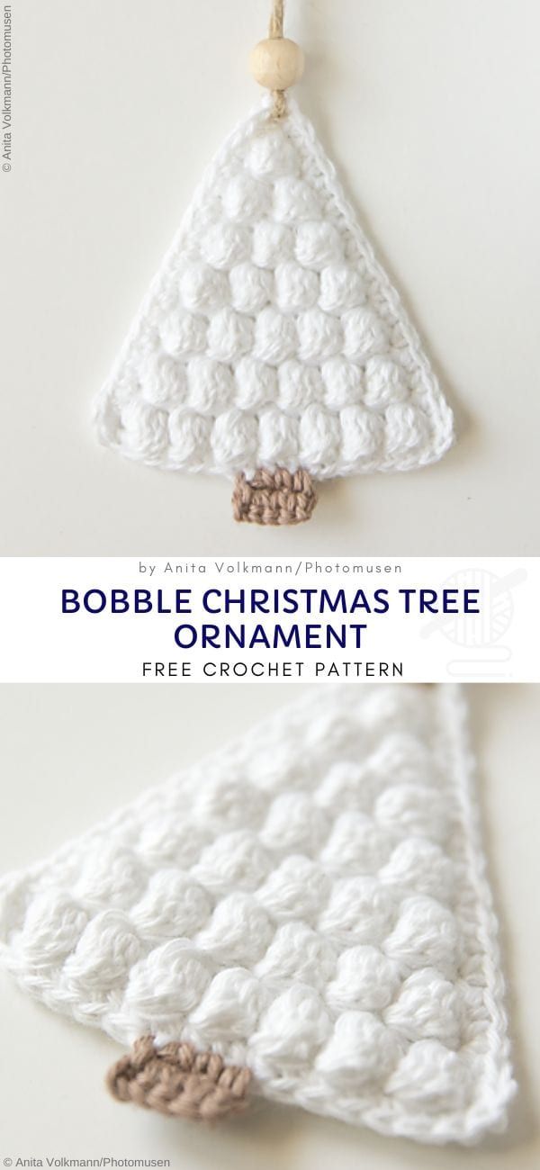 crocheted christmas tree ornament with text overlay