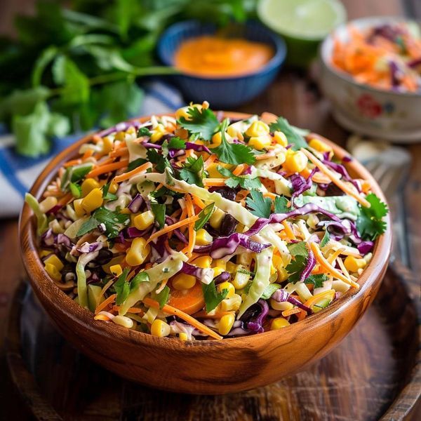 a wooden bowl filled with salad on top of a table