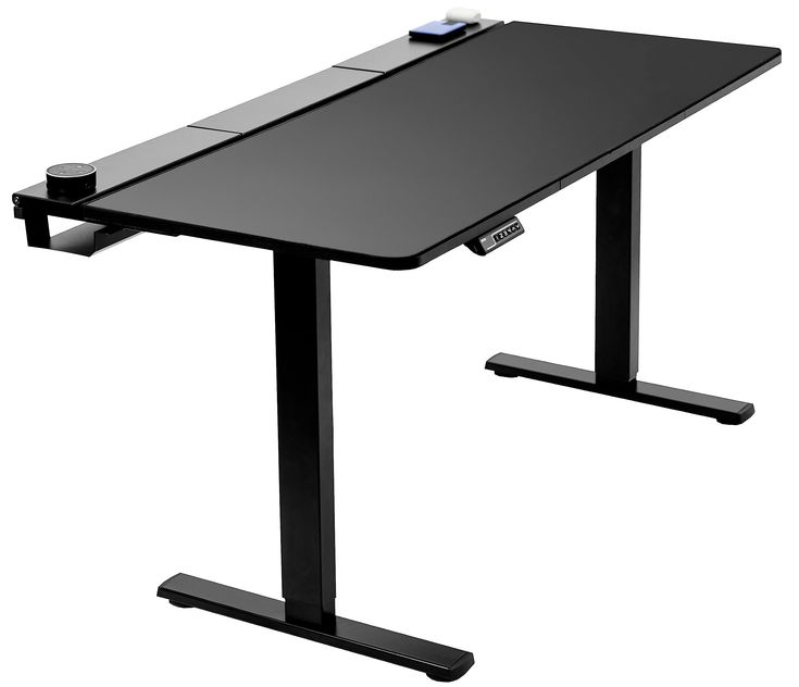 a computer desk with a remote control on it's top and bottom edge, in front of a white background