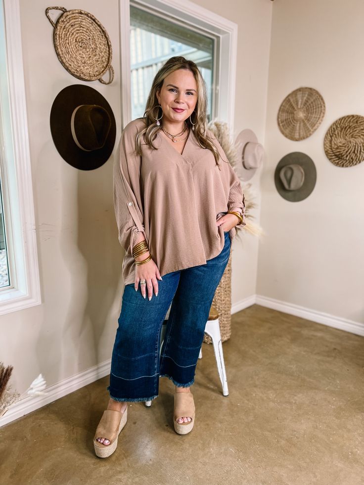 Wear this adorable top in all your weekends out! Grab one in every color! This top includes a v neckline with a stitched placket, 3/4 drop sleeves, and a flowy body. Pair it with Judy Blue Jeans and booties for a fun look! Abby is wearing a size large. Nancy is wearing a size 2XL. Size Suggestions: Small: 2-4 Medium: 6-8 Large: 10-12 XL: 14-16 1XL: 18-20 2XL: 22-24 Fabric Content: 100% Polyester Care Instructions: Hand wash, cold. Do not bleach. Line Dry. SKU: #220697 2xl Women Plus Size Outfits, Size 14/16 Outfits, Plus Size Business Attire, Church Outfit Fall, Office Clothes, Outfit 2023, Booties Outfit, Cute Work Outfits, Fabulous Outfits