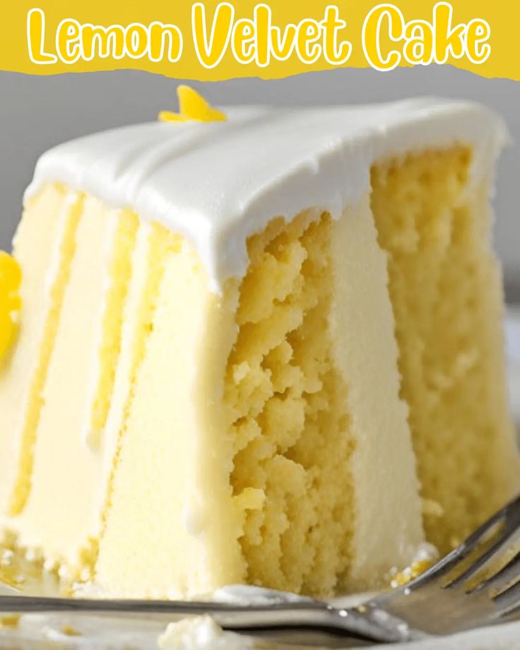 a slice of lemon velvet cake on a plate with a fork