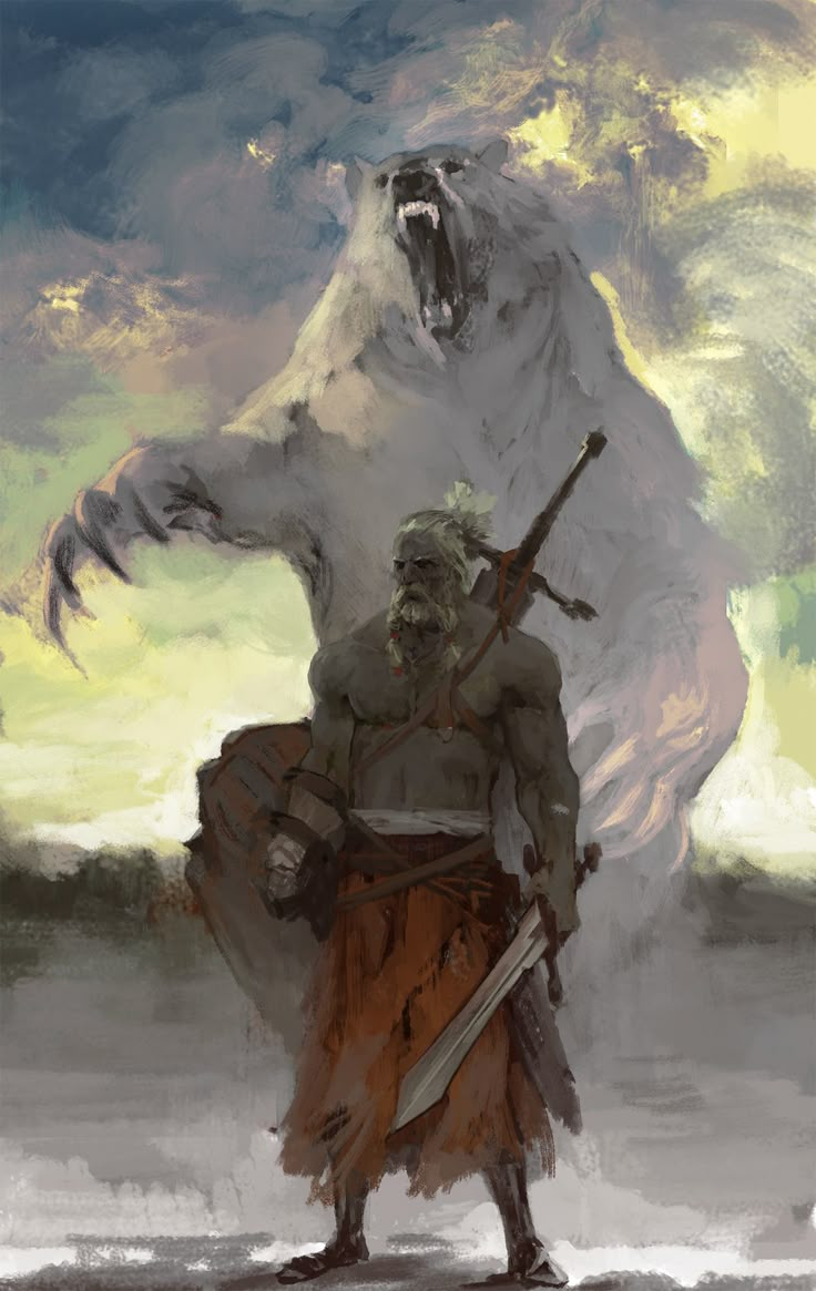 a painting of a man standing in front of a polar bear with two swords on it's back