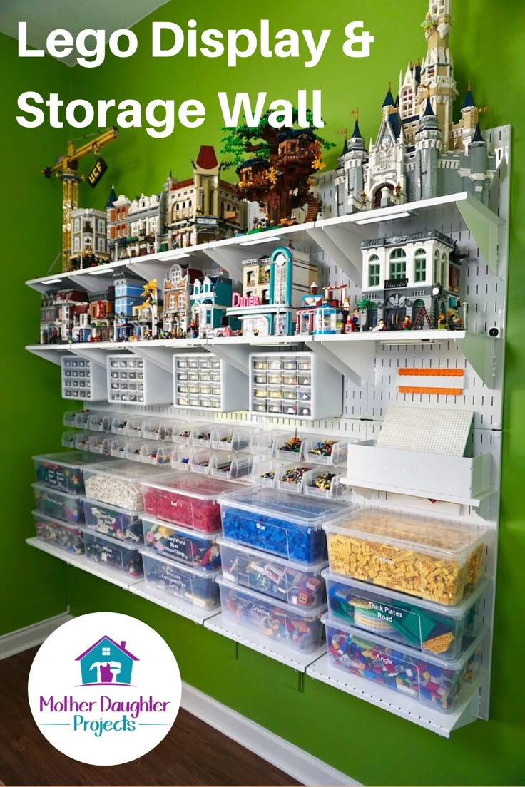 the lego display and storage wall is organized with plastic bins, shelves, and toys