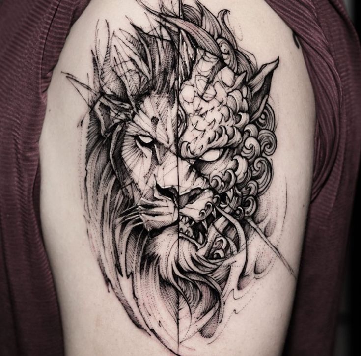 a woman's shoulder with a lion tattoo design on the left side of her arm