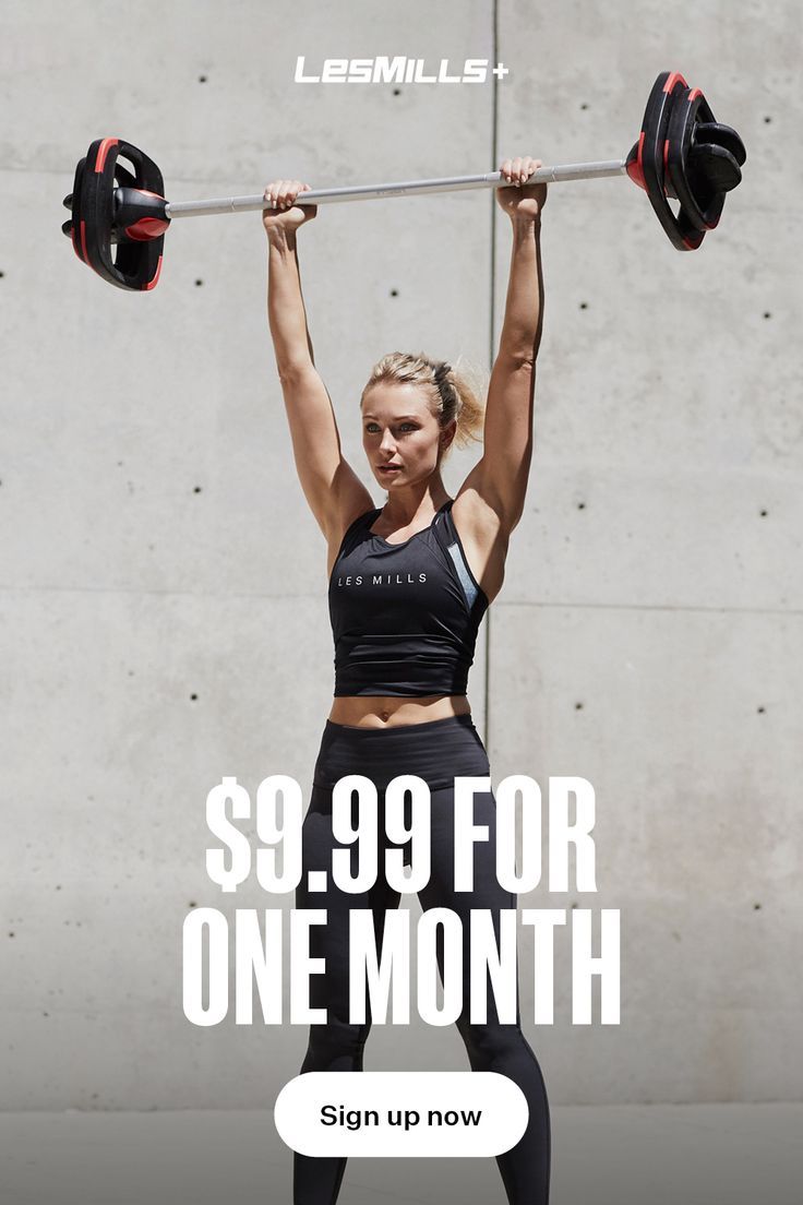 a woman lifting a barbell with the words $ 4 99 for one month sign up now