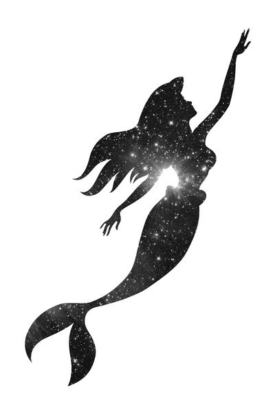 the silhouette of a mermaid with stars in her hair is shown against a white background