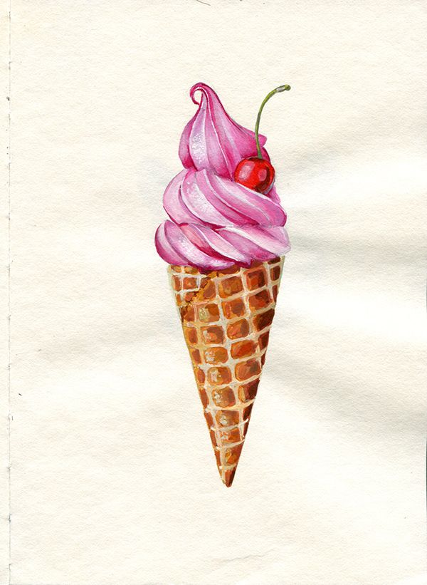 a watercolor drawing of an ice cream cone with pink icing and a cherry on top